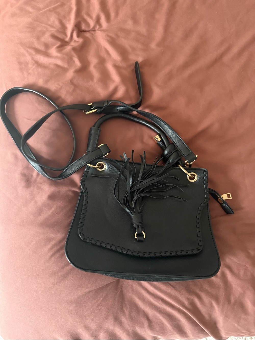 Black Leather Tassel Crossbody Bag - Women